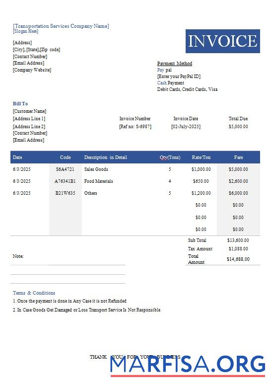 Downloadable Free Transportation Invoice Template
